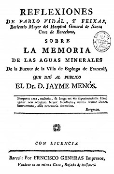 Reflexiones sobre la Memoria de las Aguas Minerales de la Fuente de la Villa de Espluga de Francoli, que dió al público el Dr. D. Jayme Menós
