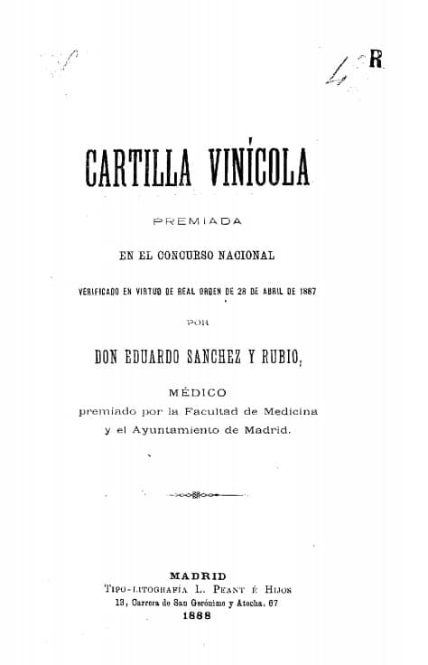 Cartilla vinícola: premiada en el Concurso Nacional verificado en virtud de Real Orden de 28 de abril de 1887