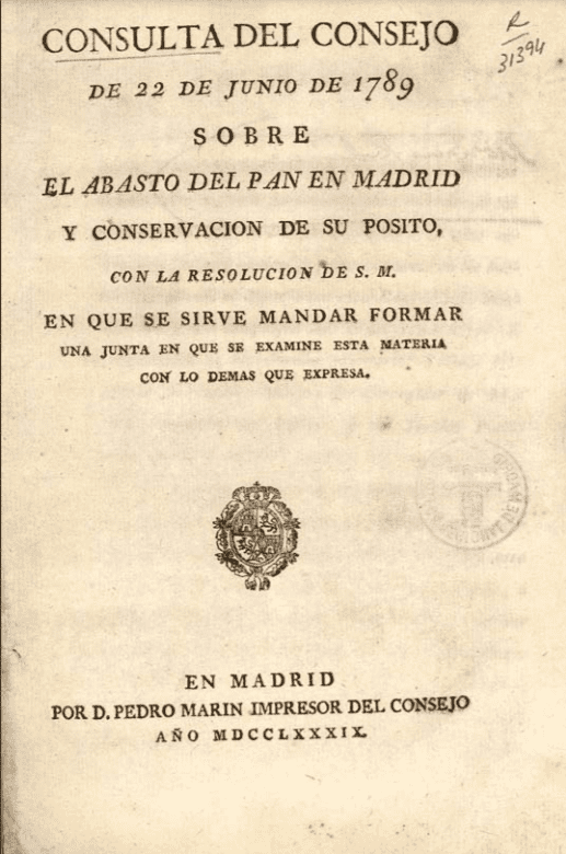 Consulta del Consejo de 22 de junio de 1789 sobre el abasto de pan en Madrid y conseruacion de su posito, con la..