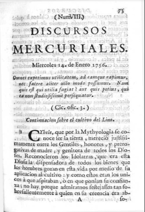 Discursos mercuriales : memorias sobre la agricultura, marina, comercio, y artes liberales, y mecánicas 1755-1756.