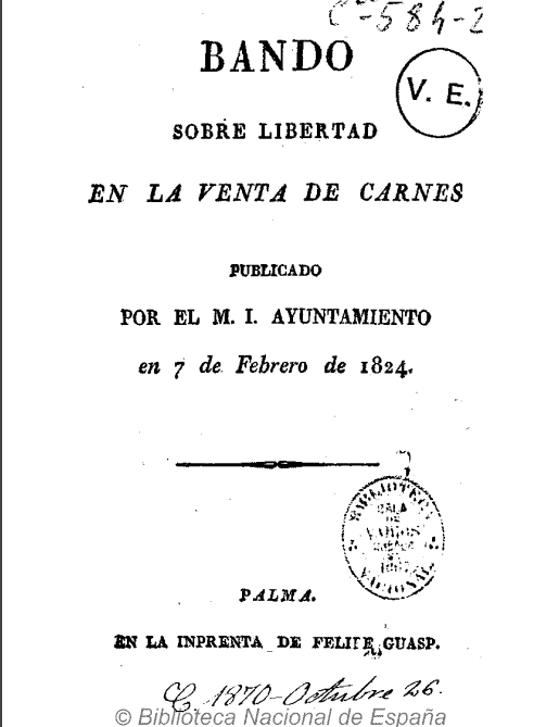 Bando sobre la libertad de la venta de carnes publicado por el M. I. Ayuntamiento en 7 de febrero de 1824