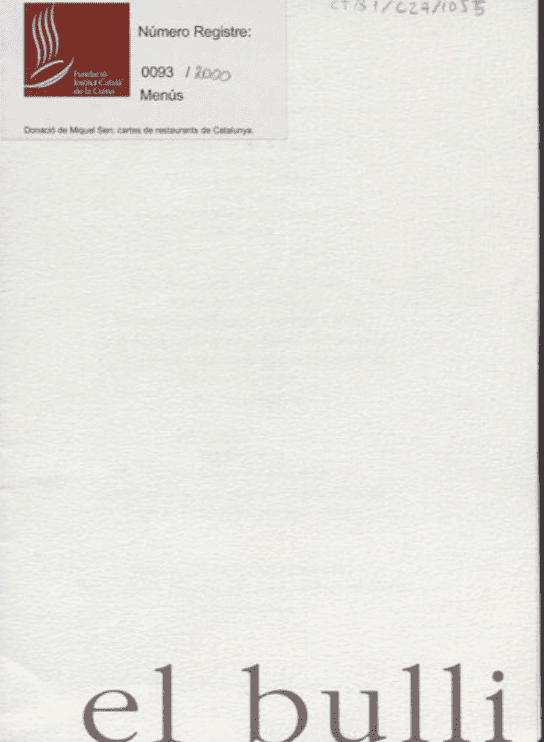 Carta del Restaurante El Bulli, 2000