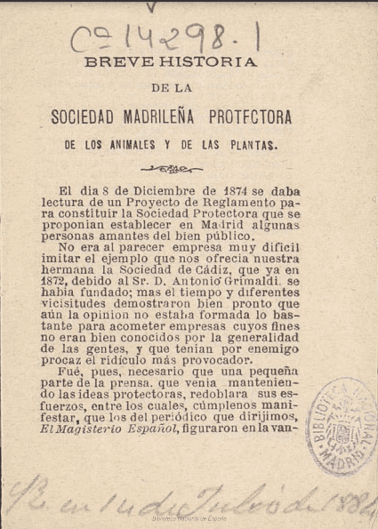 Breve historia de la Sociedad Madrileña Protectora de los Animales y de las Plantas