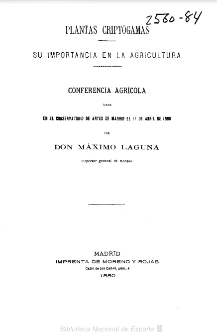 Plantas criptógamas : su importancia en la agricultura : conferencia agrícola dada en el Conservatorio de Artes de Madrid el 11 de abril de 1880