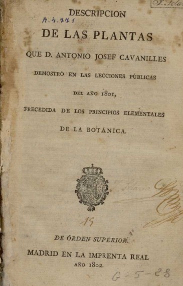 Descripción de las plantas que D. Antonio Josef Cavanilles demostró en las lecciones públicas del año 1801: precedida de los principios elementales de la botánica