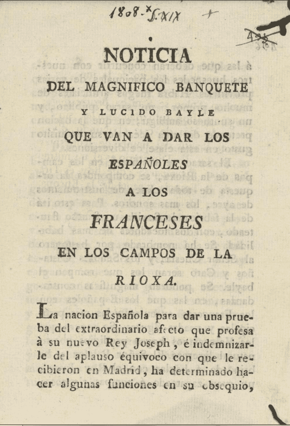 Noticia del magnifico banquete y lucido bayle que van a dar los españoles a los franceses en los campos de la Rioxa