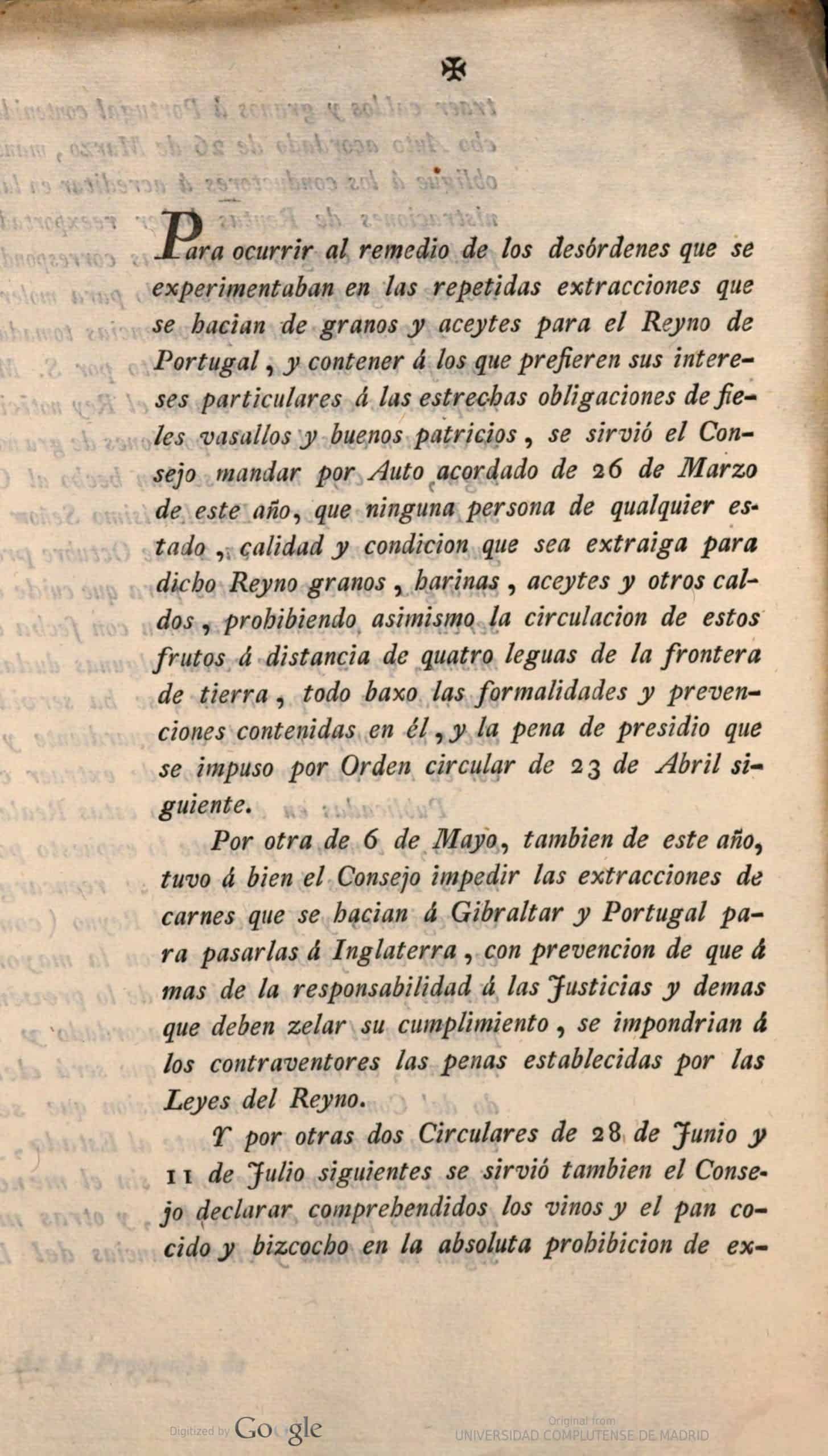 [Auto acordado] Prohibición de extraer harina, aceite y caldos… Madrid 14 de Noviembre de 1800