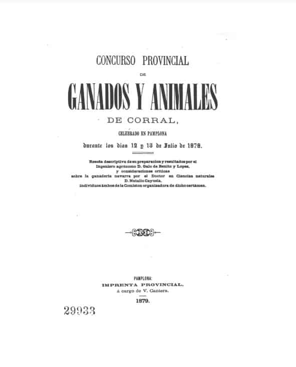 Concurso provincial de ganados y animales de corral celebrado en Pamplona durante los dias 12 y 13 de Julio de 1878