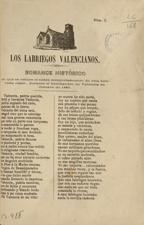 Los labriegos valencianos: romance histórico en que se refiere el noble comportamiento de esta honrada clase durante el bombardeo de Valencia en octubre de 1869