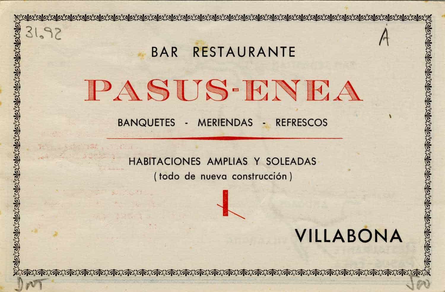 Villabona : Bar Restaurante Pasus-Enea : banquetes, meriendas, refrescos : habitaciones ámplias y soleadas [Material gráfico]
