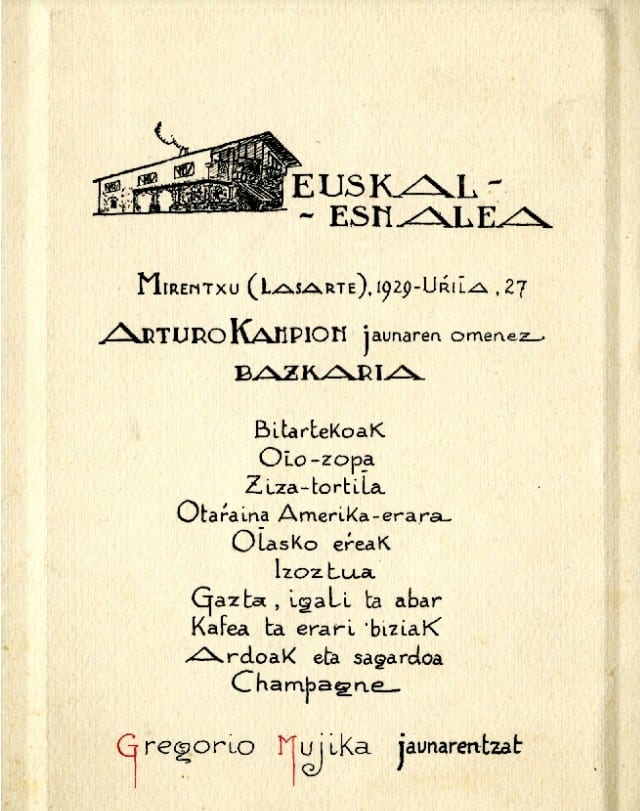 Arturo Kanpion jaunaren omenez bazkaria : Euskal-Esnalea, Mirentxu (Lasarte), 1929-Urrilla, 27.