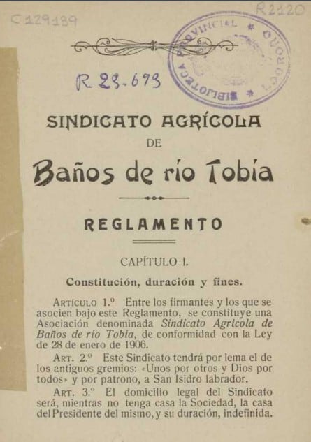Reglamento del Sindicato Agrícola de Baños de Río Tobía.