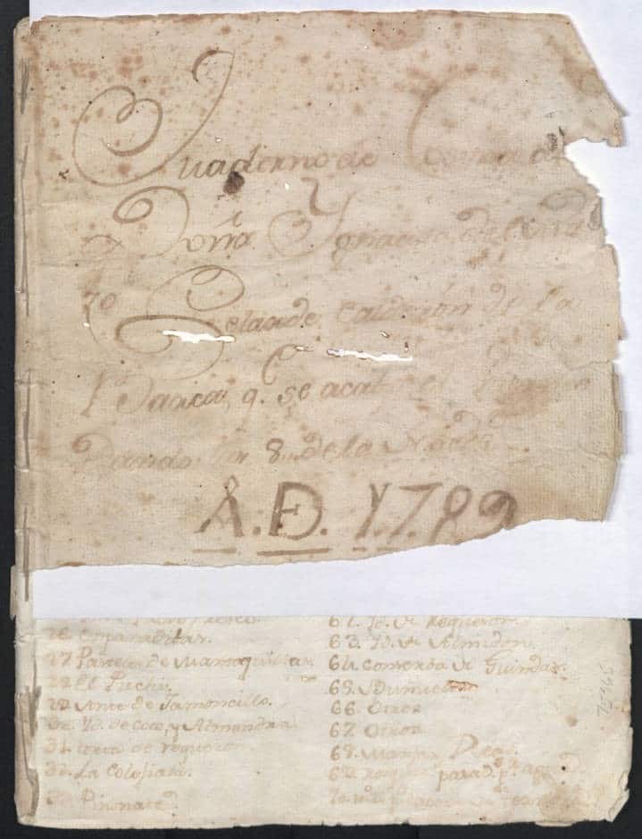 Cuaderno de Cosina (sic) de Doña Ignacita de Belarde Calderón de la Barca q.e se acabo el viernes dando las 8 de la noche, A.D. 1789. [Manuscrito]
