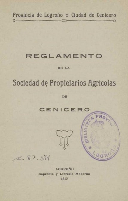 Reglamento de la Sociedad de Propietarios Agrícolas de Cenicero.