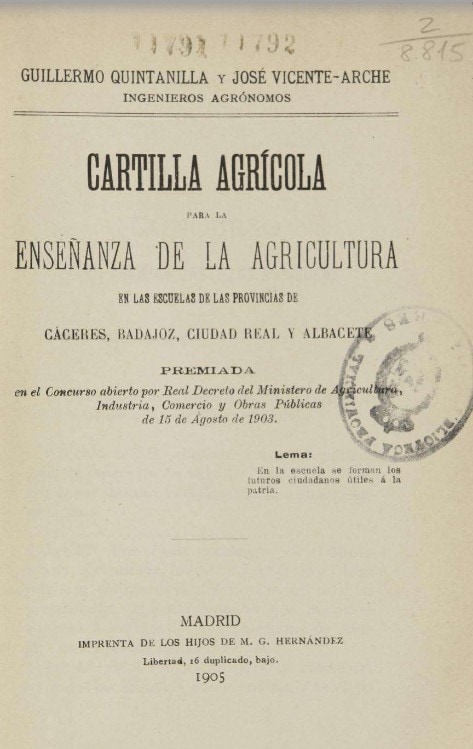 Cartilla agrícola para la enseñanza de la agricultura en las escuelas de las provincias de Cáceres, Badajoz, Ciudad Real y Albacete