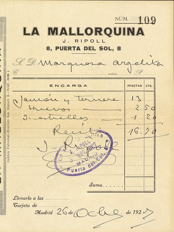 Factura de La Mallorquina (Madrid)