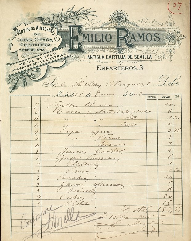 Factura de Emilio Ramos, Antigua Cartuja de Sevilla. 1909 en. 28, Madrid,[Material gráfico]
