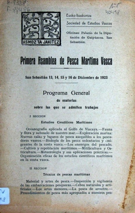 Primera Asamblea de Pesca Maritima Vasca : San Sebastián 13, 14, 15 y 16 de diciembre de 1923 : programa general ….