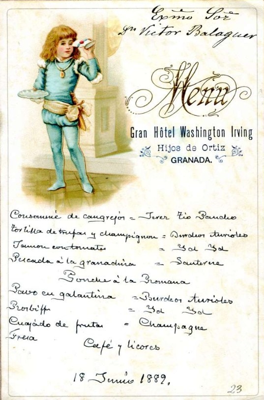 Menú de Comida en el Hotel Washington Irving de Granada [Material gráfico]
