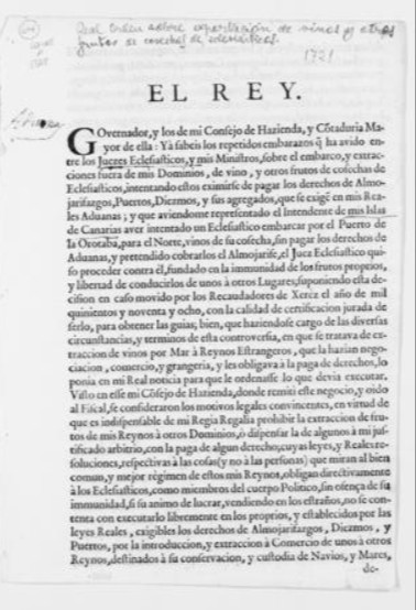 Real Orden de 22 de abril de 1721 que prohibía a las personas eclesiásticas exportar vino y otras mercancías sin el pago de los impuestos correspondientes.